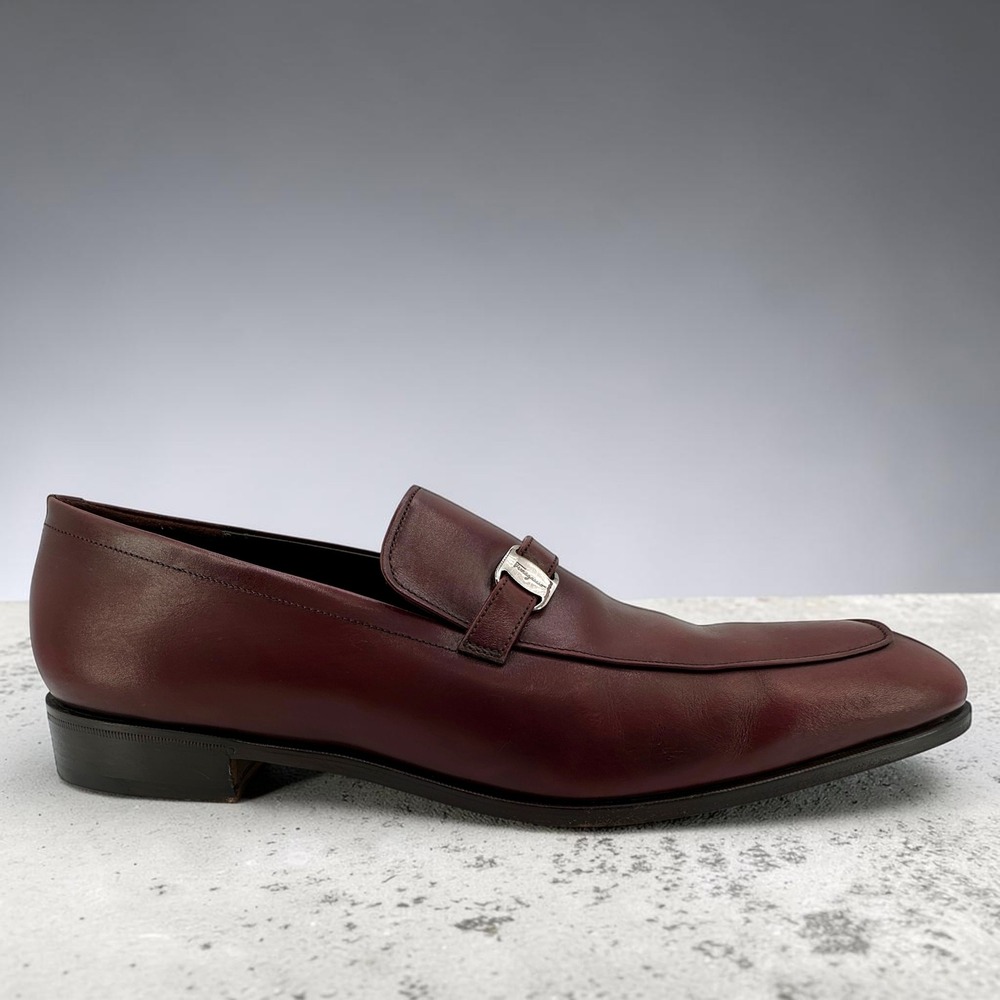 Salvatore Ferragamo Loafers Men 10.5D Burgundy Gancini Bit Leather Made in Italy